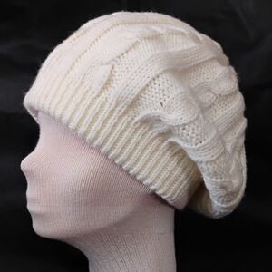 Women's Vintage 80s / 90s ARIS Cream Cable Knit Slouch Beanie Lined Winter Hat